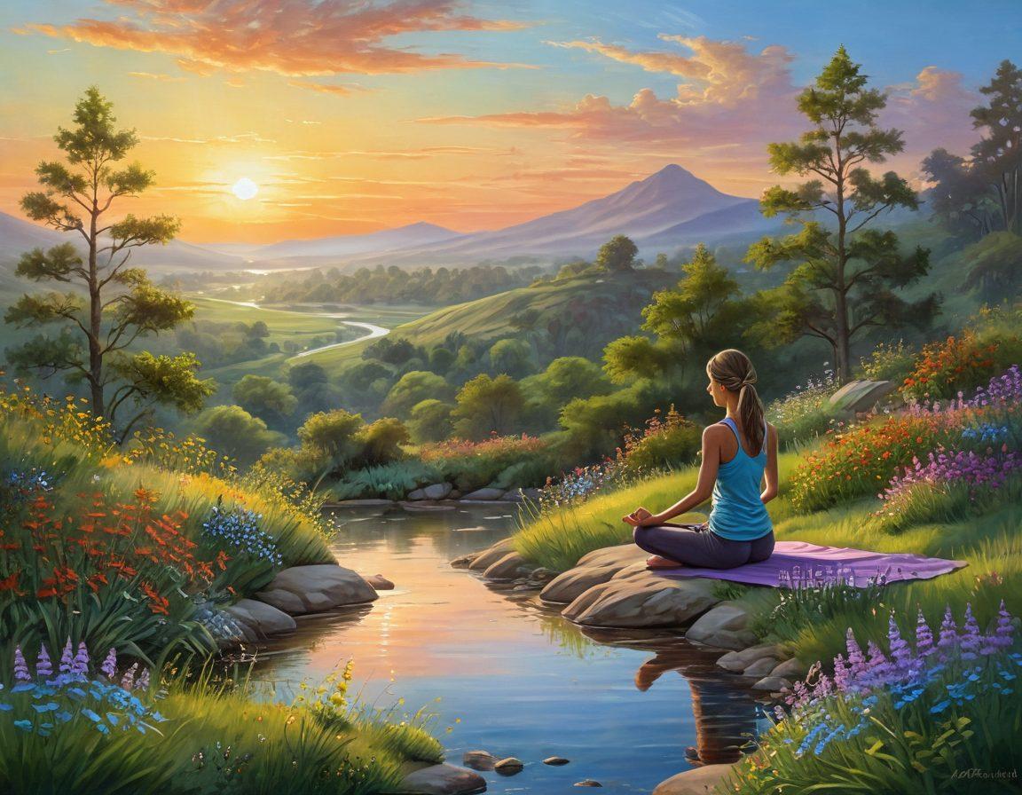 A serene landscape featuring a person practicing yoga on a lush green hilltop at sunrise, surrounded by vibrant wildflowers symbolizing growth and transformation. In the background, a gentle stream reflects the warm colors of the sky, representing tranquility and renewal. Soft sunlight bathes the scene, creating an uplifting atmosphere. painting. vibrant colors. serene style.