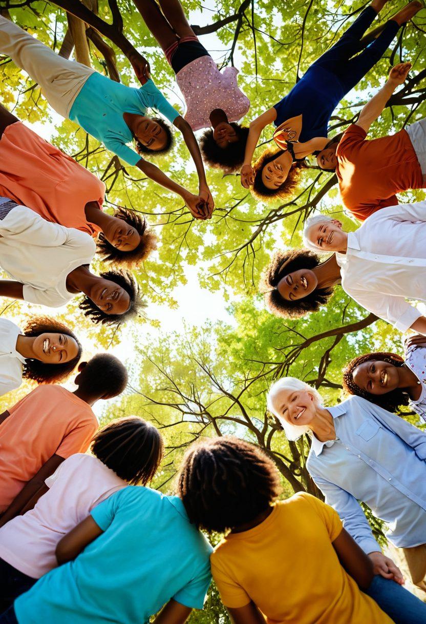 A diverse group of people coming together in a circle, sharing stories and support, with warm, comforting expressions. In the background, a blossoming tree symbolizes growth and resilience, bathed in soft sunlight. The characters should include various ages and ethnicities to reflect community diversity, all engaged in a positive atmosphere. super-realistic. vibrant colors. soft focus.