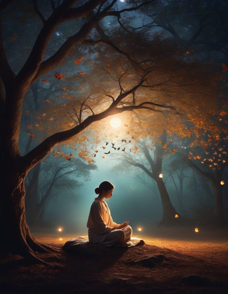 A serene figure meditating under a softly glowing moon, surrounded by shadowy trees that evoke a sense of calm. Delicate butterflies flutter around, symbolizing transformation and joy. Subtle hints of color in the darkness represent hidden pleasures, like a whimsical lantern emitting warm light. The contrast between shadows and light captures the essence of navigating sadness toward emotional wellness. surreal art. dreamy colors. mystical atmosphere.